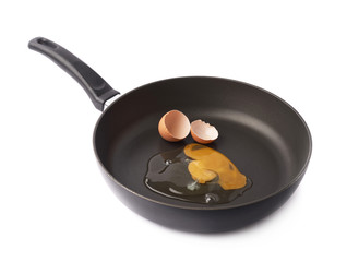 Scrambled eggs in a frying pan isolated