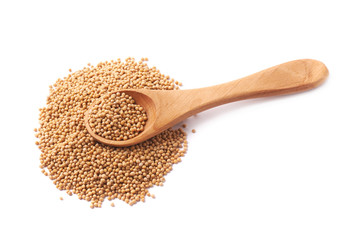 Wooden spoon and brown mustard seeds