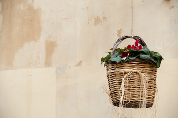 Wicker basket full of blooming broom hanging by the wall of country house