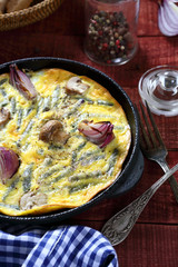 Scrambled eggs with mushrooms and onions