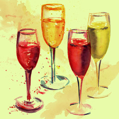 A set of flute glasses with rose and white sparkling wine