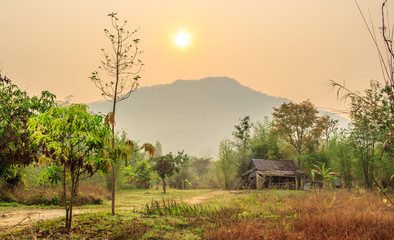 Thai style wooden hut and sunrise backgrounds - 85034542