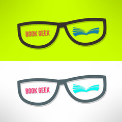 Vector book geek idea with glasses and book. Learning and