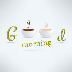 Vector good morning coffee background with cups and lettering
