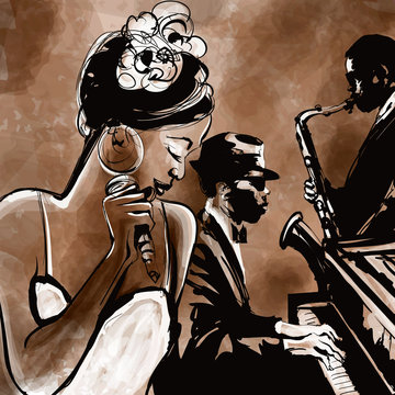 Jazz band with singer, saxophone and piano - illustration