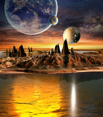 Alien Planet With planets, Earth Moon And Mountains . 3D Rendered Computer Artwork. Elements of this image furnished by NASA