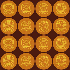Seamless background with Maya calendar named days and associated glyphs 