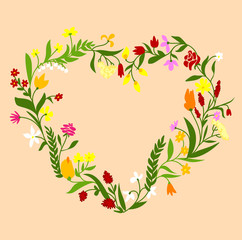 Spring wildflowers heart shaped frame