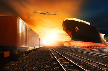 container trains ,commercial ship on port freight cargo plane fl