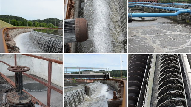 Sewage waste water cleaning plant. Waterworks. Video collage