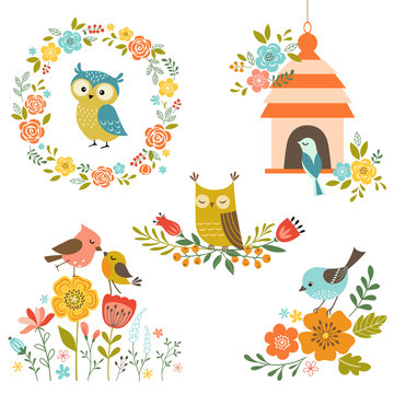 Set of design elements with flowers and birds
