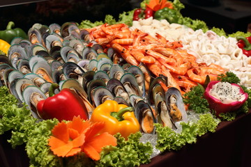 Fresh various seafood served on ice