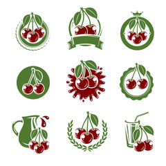 cherry label and icons set. Vector