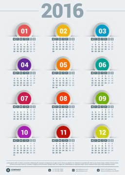 Vector Design Template. Calendar 2016. Week Starts Monday