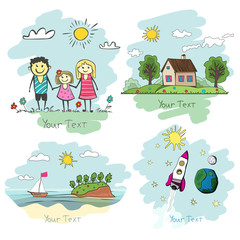 Obraz premium set of children's drawings. happy family, cozy house, ocean land