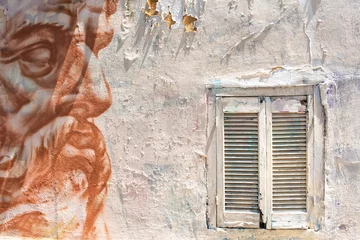 Rolgordijnen Old man graffiti on the wall with window © yassmin