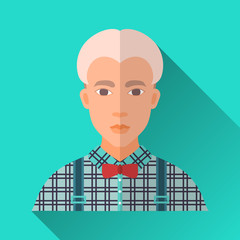blonde hipster man in stylish clothing, square flat icon