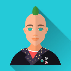 Punk with green mohawk and piercing, square flat icon