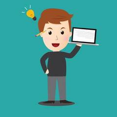 Vector of man get idea on his work.laptop