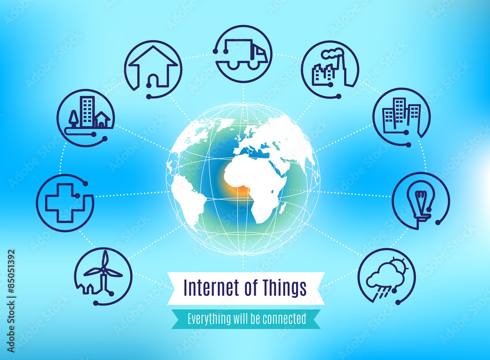 Poster vector : infographic about internet of things with globe on blue