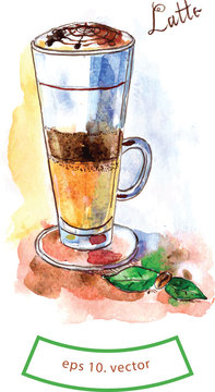 Watercolor coffee latte. Vector. Hand drawn.