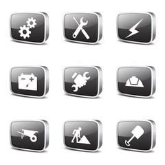 Construction Tools Square Vector Black Button Icon Design Set