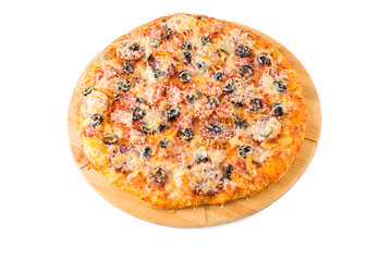 Tasty pizza on a wooden board

