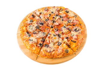 Tasty pizza on a wooden board
