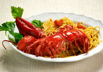 Gourmet Tasty Lobster with Linguine Pasta on Plate