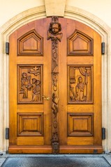 Old wooden door to the church in St. Gallen