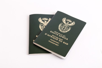 South African passports on white background