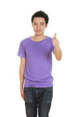 man in blank t-shirt with thumbs up