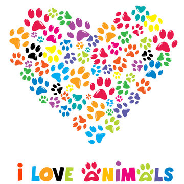 Colorful heart with animals footprints