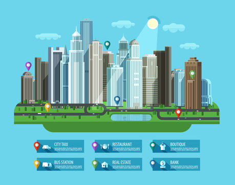 Modern city. Set of elements - building, house, metropolis, road