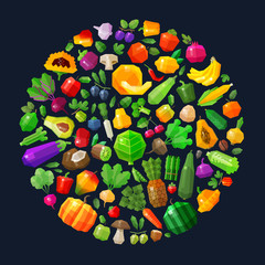 vegetables and fruits in the circle. fresh food vector logo