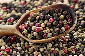 Red, green, white and black pepper in wooden spoon