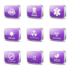 Warning Sign Square Vector Violet Icon Design Set