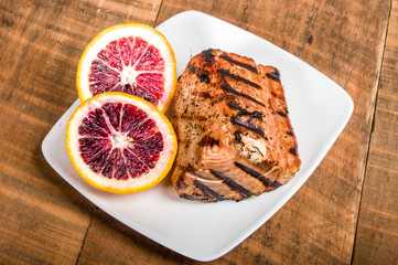 Tuna steak grilled with orange sauce