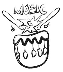 Doodle drum, drum sticks and musical notes