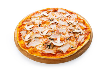 Delicious pizza with mushrooms and smoked chicken