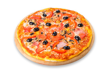 Delicious pizza with salami, mushrooms and olives