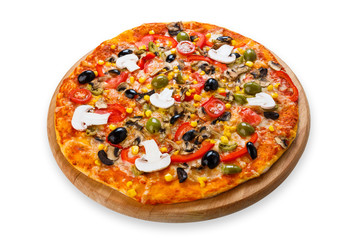Delicious vegetarian pizza with tomatoes, mushrooms and olives