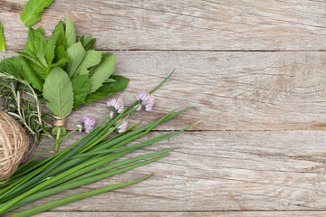 Fresh herbs on garden table