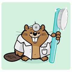 Cartoon beaver dentist holding a toothbrush. Vector illustration © stockakia