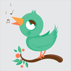 Cute bird sitting on a tree branch and singing. Vector illustration