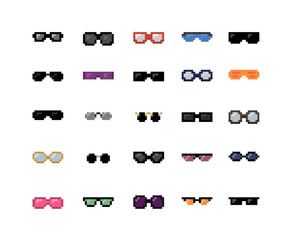 Set of glasses and sunglasses. 16x16 pixel art vector, isolated on white background.