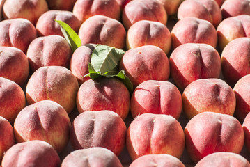 Sunlit ripe peaches with single green leaf on market stall