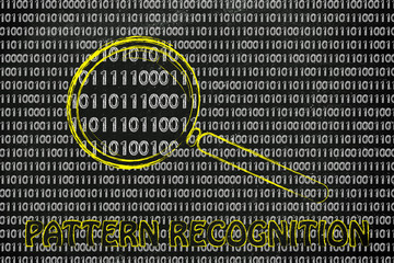 magnifying glass on binary code, concept of pattern recognition