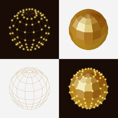 set of golden ball polygonal transparent skeleton nodes