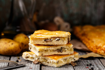 Homemade pie stuffed with potato and mushrooms